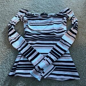 Missguided Pink and Black Striped Off-Shoulder Top